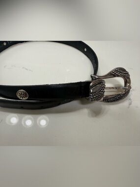 Vintage Black Leather Western Style Belt with Decorative Silver-Tone Buckle